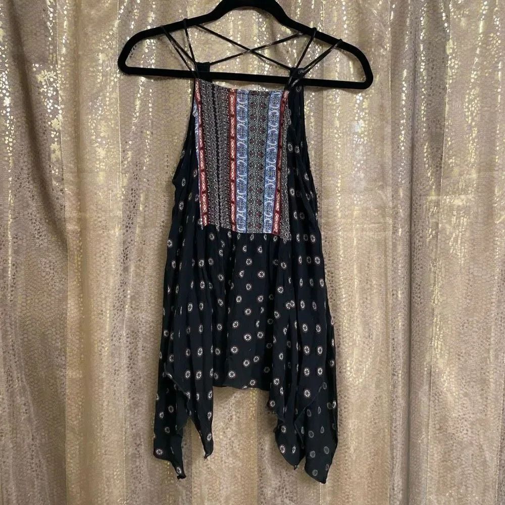 Abercrombie & Fitch Navy Blue Boho Strappy Handkerchief Hem Blouse, Small